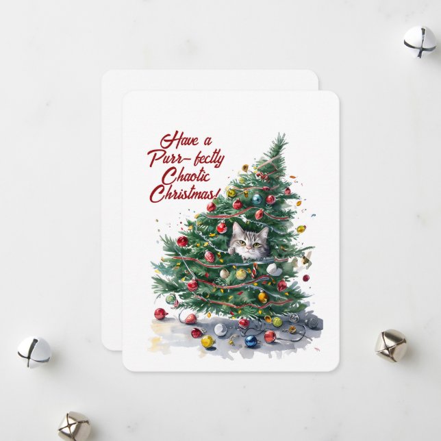 Cartes Pour Fêtes Annuelles Chat Chaos Arbre de Noël Design Aquarelle (Devant/Arrière en situation)