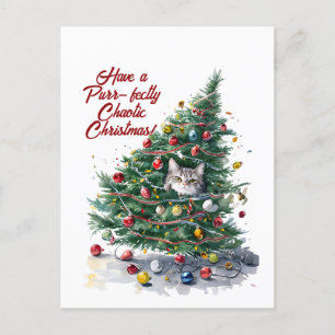 Cartes Pour Fêtes Annuelles Chat Chaos Arbre de Noël Design Aquarelle