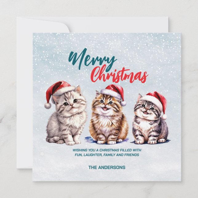 Cartes Pour Fêtes Annuelles Chat chaton chatte à l'aquarelle mignonne Père Noë (Devant)