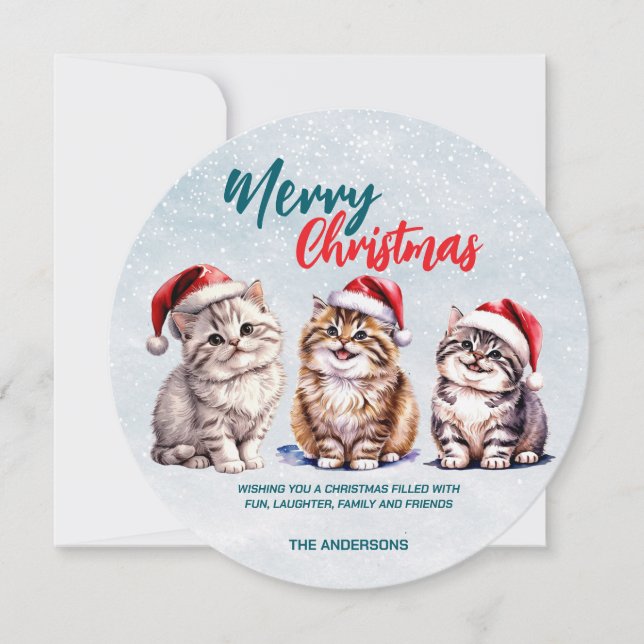 Cartes Pour Fêtes Annuelles Chat chaton chatte à l'aquarelle mignonne Père Noë (Devant)