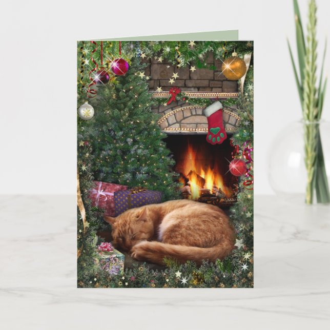Cartes Pour Fêtes Annuelles Chat couché près de la cheminée à Noël (Devant)
