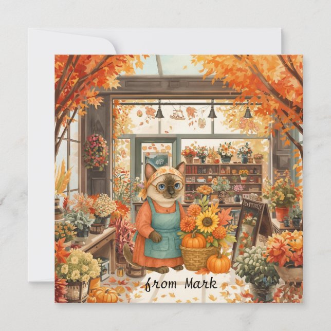 Cartes Pour Fêtes Annuelles Chat d'automne aux fleurs - Saison d'automne (Devant)