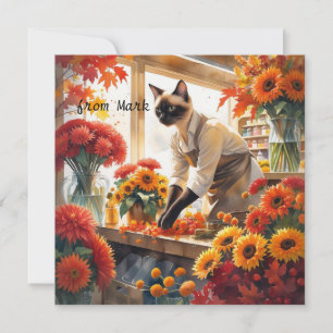 Cartes Pour Fêtes Annuelles Chat d'automne aux fleurs - Saison d'automne