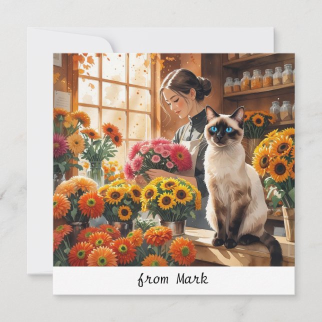 Cartes Pour Fêtes Annuelles Chat d'automne aux fleurs - Saison d'automne (Devant)