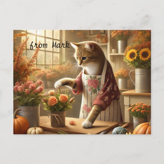 Cartes Pour Fêtes Annuelles Chat d'automne aux fleurs - Saison d'automne (Devant)