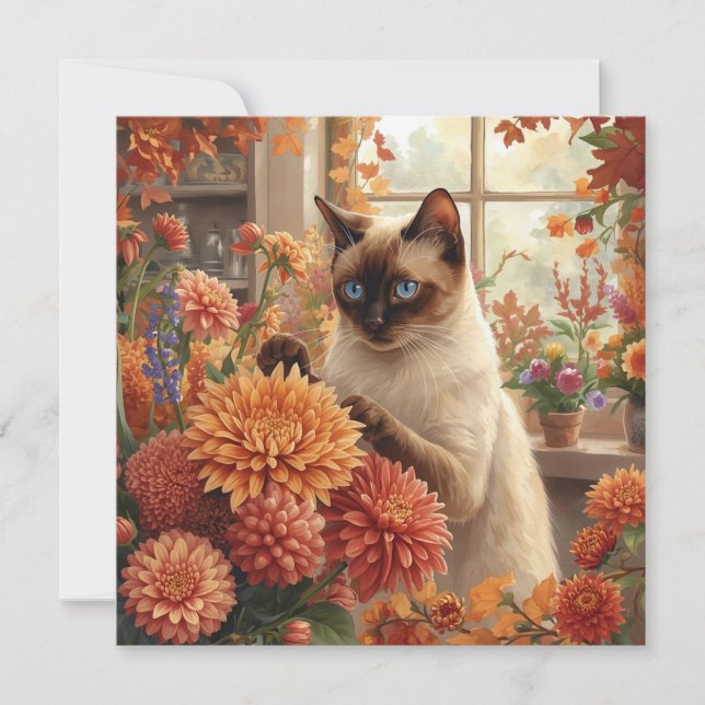 Cartes Pour Fêtes Annuelles Chat d'automne aux fleurs - Thanksgiving d'automne (Devant)