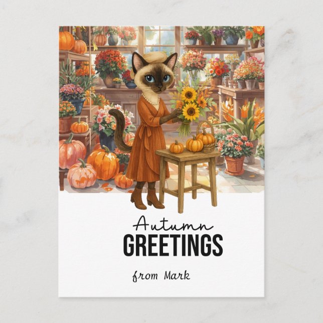 Cartes Pour Fêtes Annuelles Chat d'automne aux fleurs - Thanksgiving d'automne (Devant)
