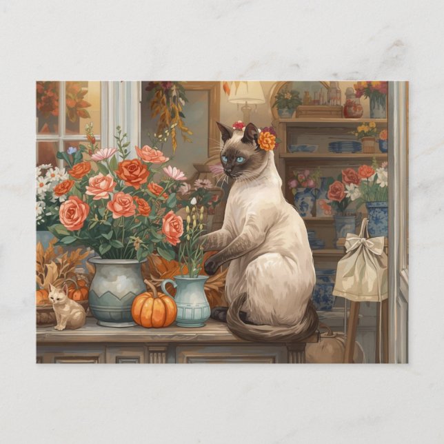 Cartes Pour Fêtes Annuelles Chat d'automne aux fleurs - Thanksgiving d'automne (Devant)