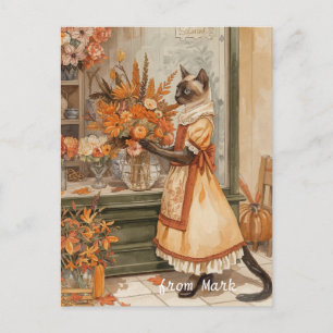 Cartes Pour Fêtes Annuelles Chat d'automne avec des fleurs – Action de grâce d