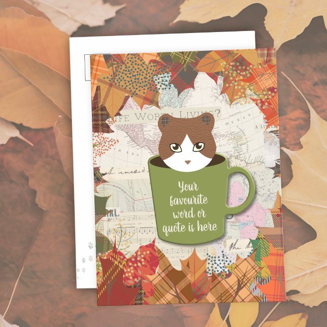 Cartes Pour Fêtes Annuelles Chat de congé d'automne (Fall Break Cat Postcards are on the ground with fallen leaves.)
