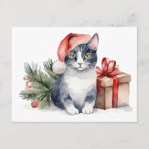 Cartes Pour Fêtes Annuelles Chat de Noël à l'aquarelle avec cadeau