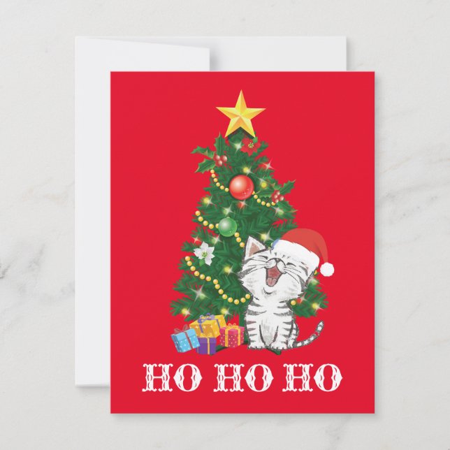 Cartes Pour Fêtes Annuelles Chat de Noël avec arbre de Noël (Devant)