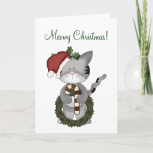 Cartes Pour Fêtes Annuelles Chat de Noël avec couronne+Sucre de canne-Humour