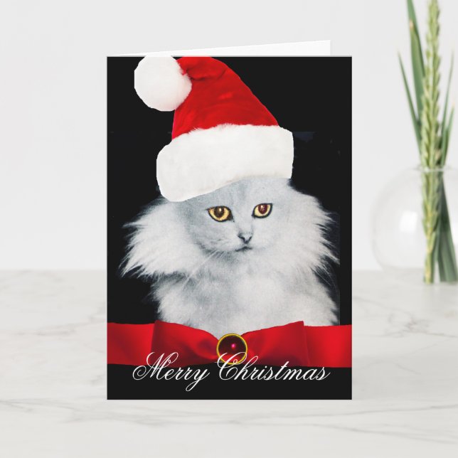 CARTES POUR FÊTES ANNUELLES CHAT DE NOËL BLANC AVEC CASQUETTE SANTA CLAUS (Devant)