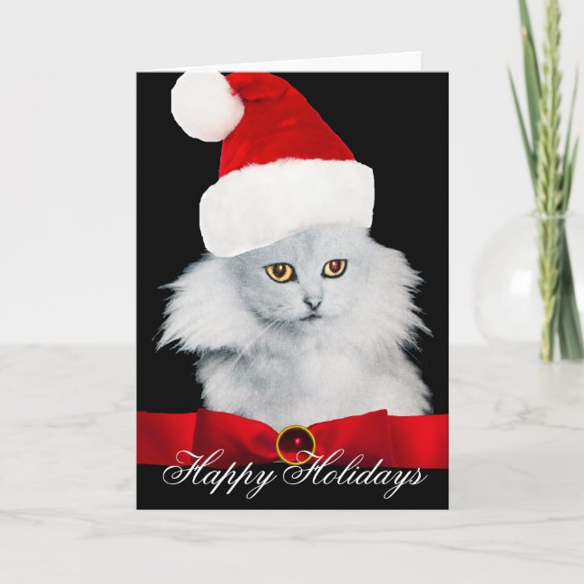 CARTES POUR FÊTES ANNUELLES CHAT DE NOËL BLANC AVEC CASQUETTE SANTA CLAUS (Devant)