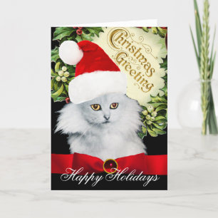 CARTES POUR FÊTES ANNUELLES CHAT DE NOËL BLANC AVEC CASQUETTE SANTA CLAUS