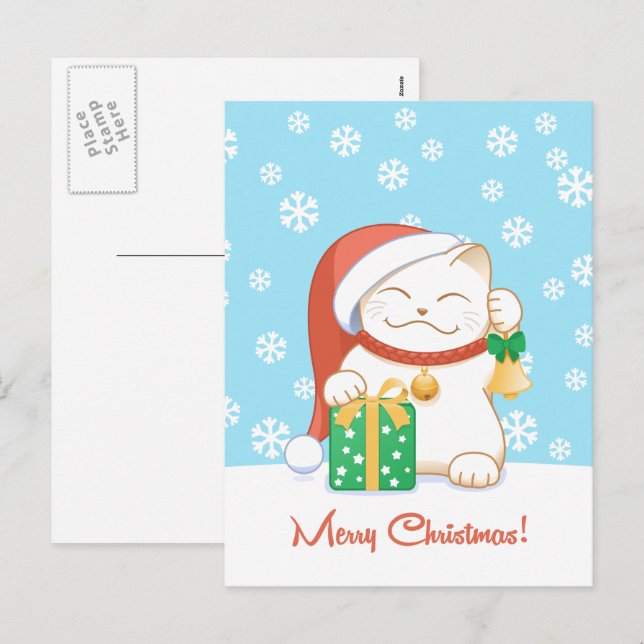 Cartes Pour Fêtes Annuelles Chat de Noël blanc dans un Casquette rouge (Devant / Derrière)