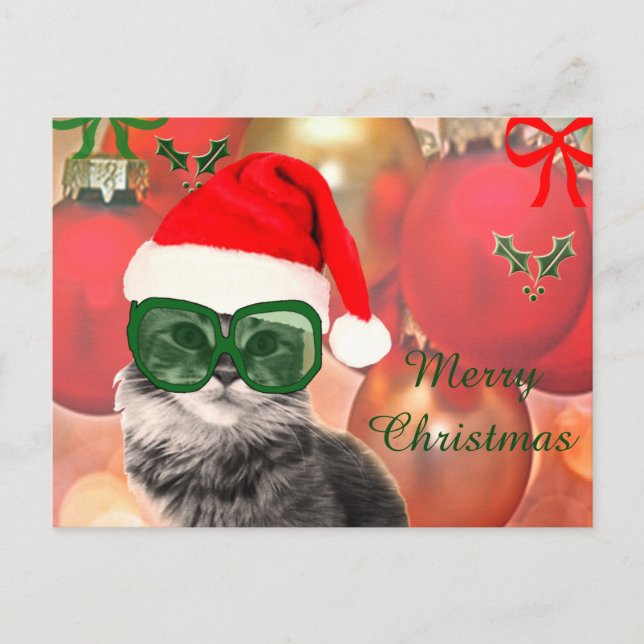 Cartes Pour Fêtes Annuelles Chat de Noël en casquette Père Noël (Devant)