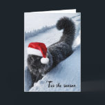 Cartes Pour Fêtes Annuelles Chat De Noël En Neige Profonde<br><div class="desc">Un chat noir moelleux aux flocons de neige et portant un casquette du Père Noël marche à travers un sentier enneigé profond</div>