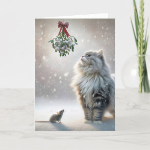 Cartes Pour Fêtes Annuelles Chat de Noël et souris sous Mistletoe