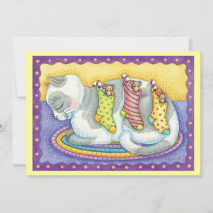 Cartes Pour Fêtes Annuelles Chat de Noël mignon dormant avec des souris dans l