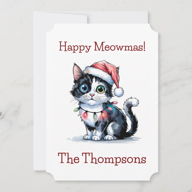 Cartes Pour Fêtes Annuelles Chat De Noël Mignonne Enveloppé Dans Les Lumières (Devant)