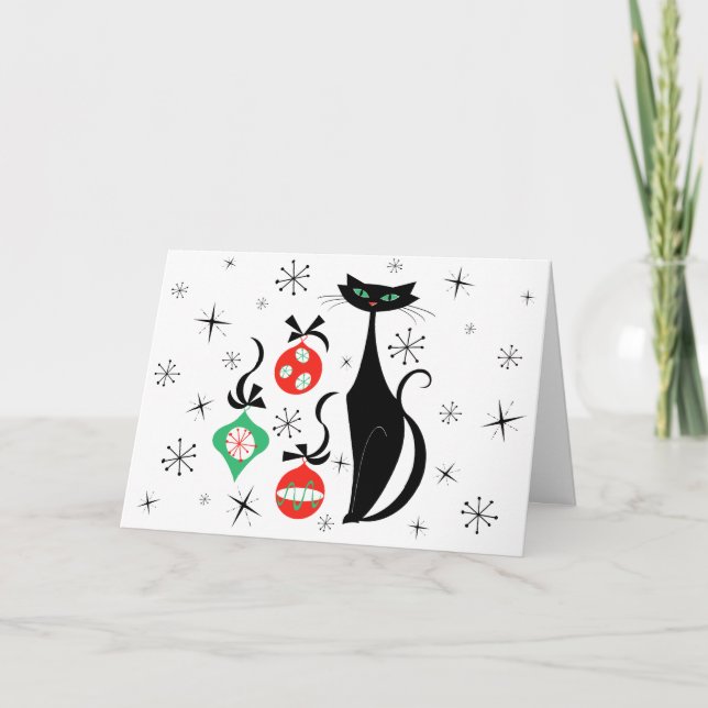 Cartes Pour Fêtes Annuelles Chat de Noël rétro horizontal (Devant)