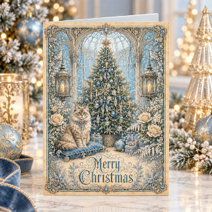 Cartes Pour Fêtes Annuelles Chat de Noël victorien Vintage Floral Bleu