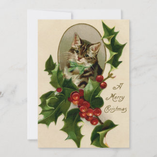 Cartes Pour Fêtes Annuelles Chat de Noël Vintage avec Holly Card