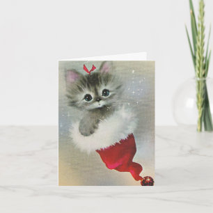 Cartes Pour Fêtes Annuelles Chat de Noël Vintage Kitten dans un chapeau de Pèr