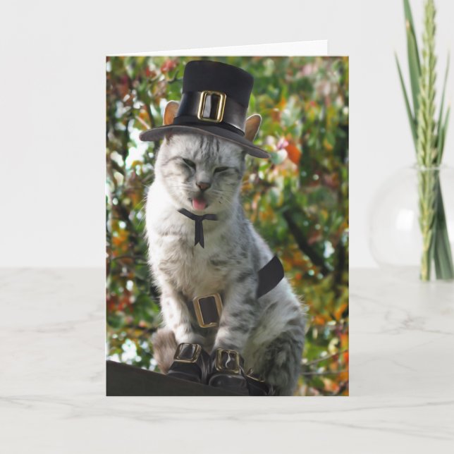 Cartes Pour Fêtes Annuelles Chat de pèlerin de Thanksgiving (Devant)