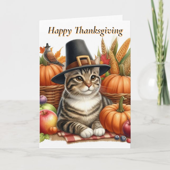Cartes Pour Fêtes Annuelles Chat de Thanksgiving avec des citrouilles de vacan (Devant)