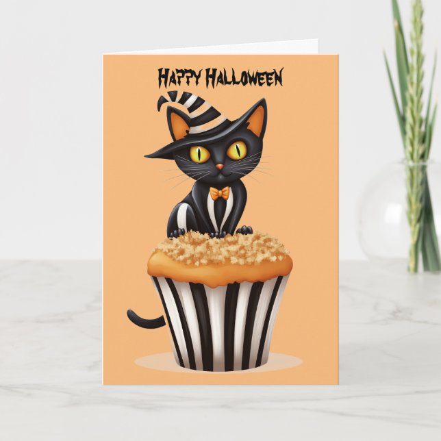 Cartes Pour Fêtes Annuelles Chat d'Halloween avec un muffin (Devant)