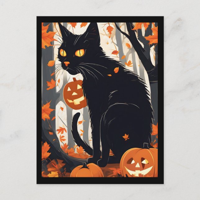 Cartes Pour Fêtes Annuelles Chat d'Halloween et citrouilles (Devant)