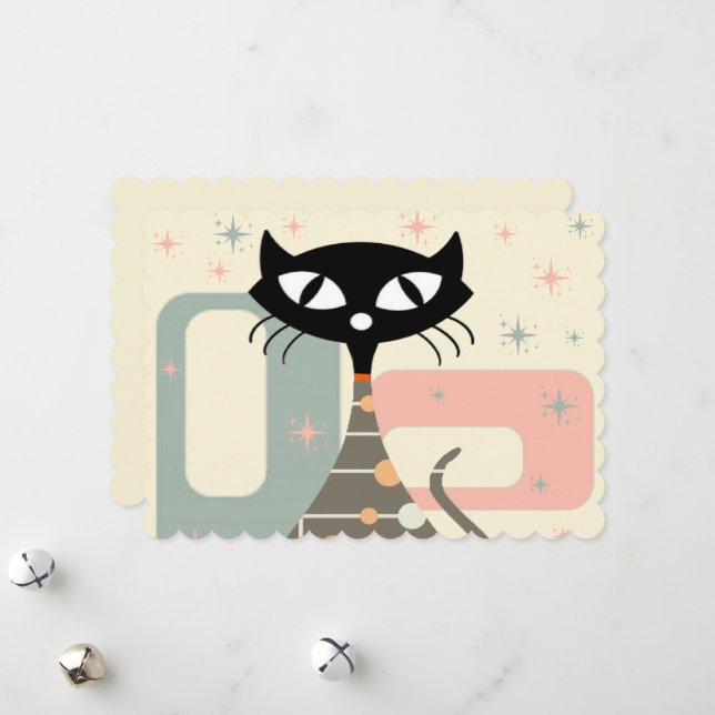 Cartes Pour Fêtes Annuelles Chat Du Milieu Du Siècle Moderne (Devant/Arrière en situation)