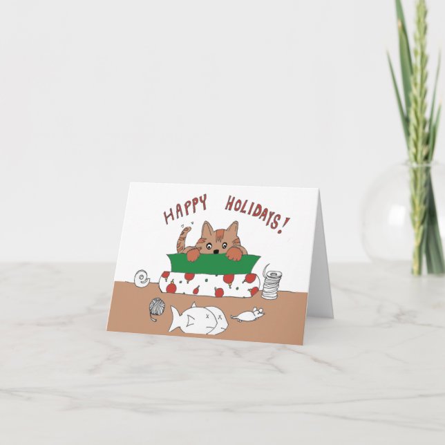 Cartes Pour Fêtes Annuelles Chat Emballant un Cadeau (Devant)