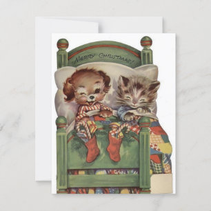 Cartes Pour Fêtes Annuelles Chat Et Chien De Noël Vintage Au Lit
