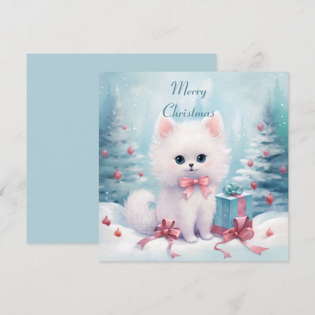 Cartes Pour Fêtes Annuelles Chat Fluffy avec un Nœud Rose (Devant / Derrière)