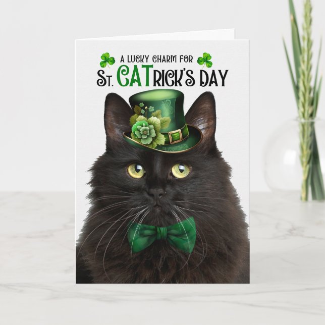 Cartes Pour Fêtes Annuelles Chat Fluffy Noir St. CATrick's Day Lucky Charm (Devant)