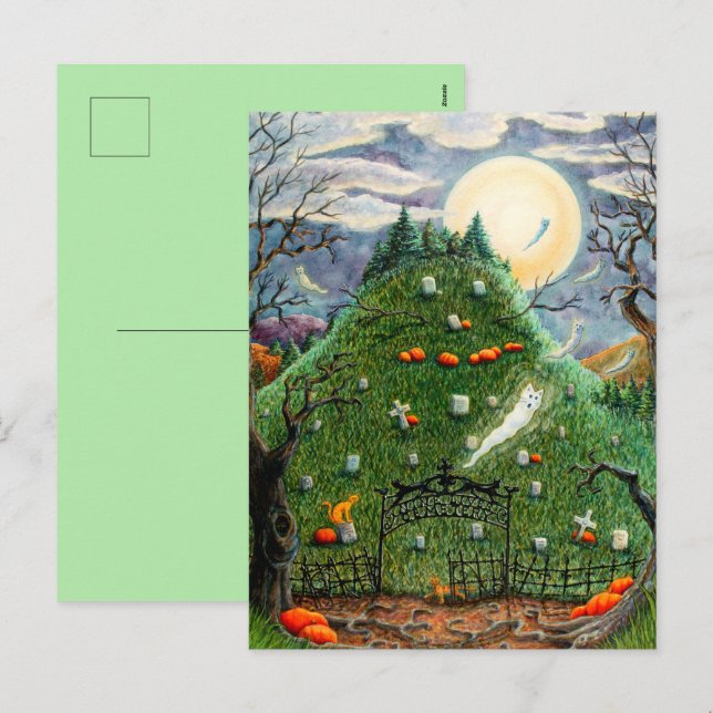 CARTES POUR FÊTES ANNUELLES CHAT GHOSES DANS NEUF CIMETIÈRE DE VIE, ART FOLK É (Devant / Derrière)