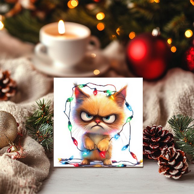Cartes Pour Fêtes Annuelles Chat grincheux emmêlé dans les lumières de Noël (Créateur téléchargé)