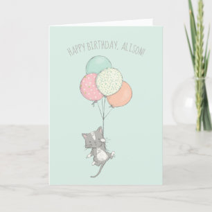 Cartes Pour Fêtes Annuelles Chat gris doux avec ballons Anniversaire personnal
