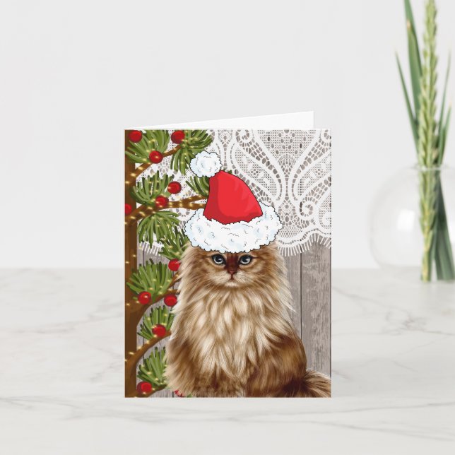 Cartes Pour Fêtes Annuelles Chat habillé dans le casquette de Père Noël pour (Devant)