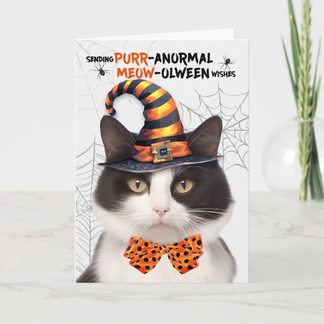 Cartes Pour Fêtes Annuelles Chat Halloween blanc noir PURRanormal MEOWolween (Devant)