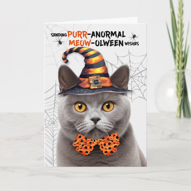Cartes Pour Fêtes Annuelles Chat Halloween britannique gris PURRanormal MEOWol (Devant)