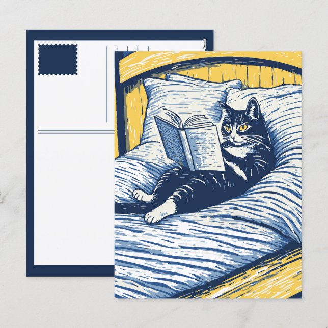Cartes Pour Fêtes Annuelles chat lisant (Devant / Derrière)