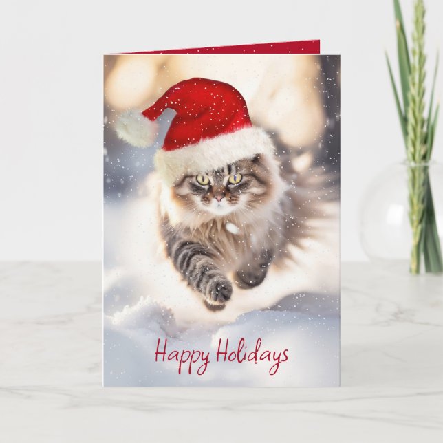 Cartes Pour Fêtes Annuelles Chat Maine Coon avec chapeau de Père Noël (Devant)