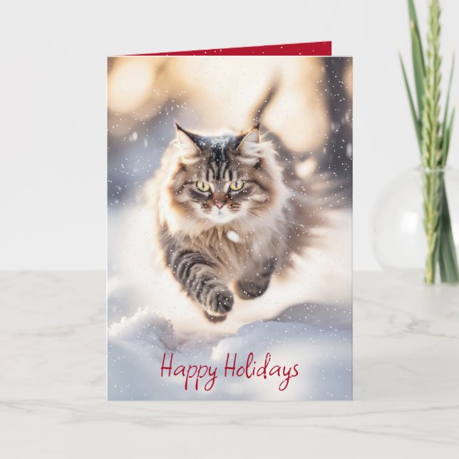 Cartes Pour Fêtes Annuelles Chat Maine Coon se précipitant dans la neige (Devant)