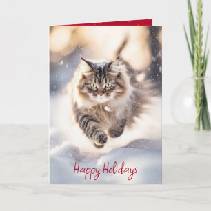Cartes Pour Fêtes Annuelles Chat Maine Coon se précipitant dans la neige