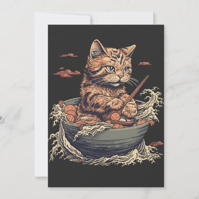 Cartes Pour Fêtes Annuelles chat mange Ramen, Vague de Kanawaga (Devant)